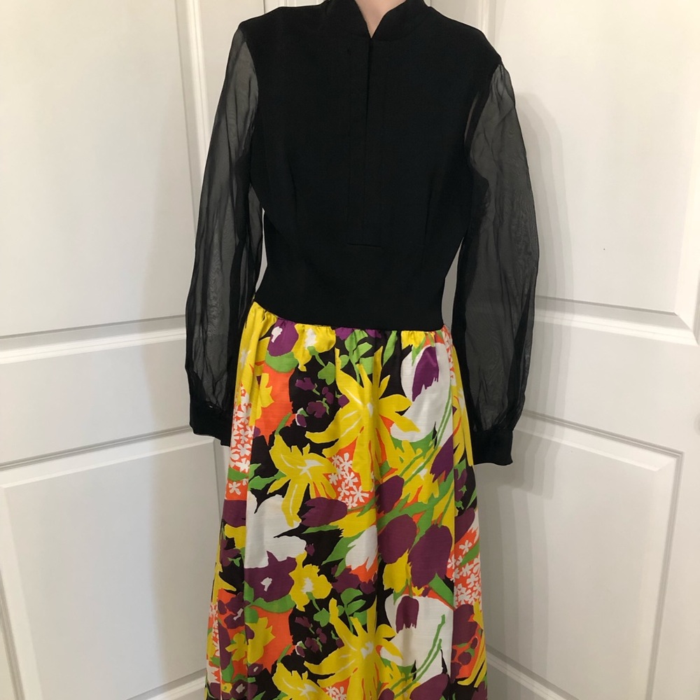 1970s Vintage Floor Length Gown with Sheer Sleeves. Hand Made.  Stunning.